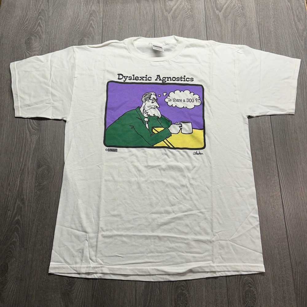 Vintage Bovis Dyslexic Agnostics Graphic T-Shirt White XL Funny Humor Tultex